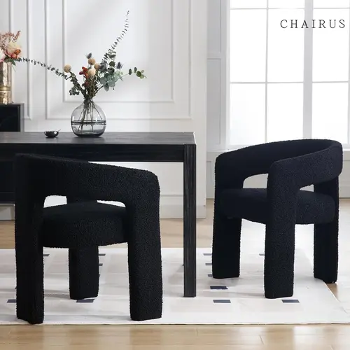 CHAIRUS Fully Assembled Modern Sherpa Upholstered Fabric Armchair, Open-Back Barrel Dining Chair, for Living Room, Small Spaces, Black (Father's Day Gift)