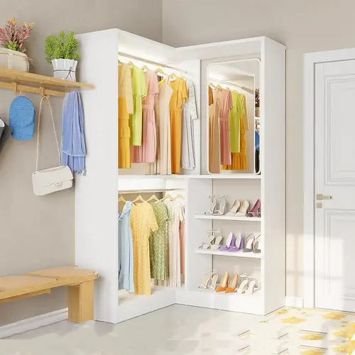 Freestanding Versatile Wooden Wardrobe Closet - 36x36 Footprint Fits Tight Corners, Closet Cabinet Organizer Storage, Modern Armoire with 2 Hanging Rods, 6-Level Adjustable Shelves, Heavy-Duty Load, Small Room Solution