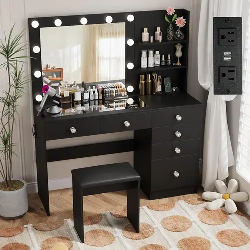 VOWNER 47" Makeup Vanity Desk with Power Outlet, Storage Shelves and 6 Drawers, Makeup Desk with Stool for Women Girls,#SohoChic