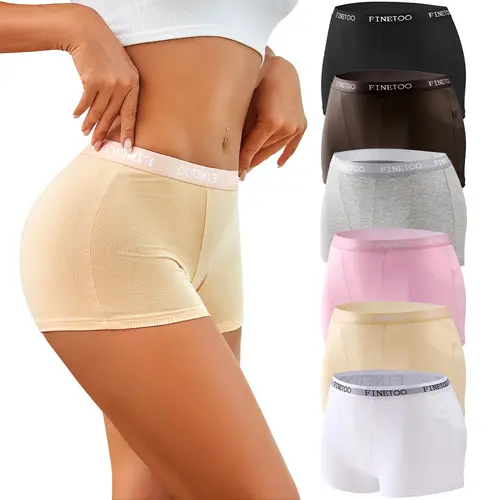FINETOO Women's 6Pcs Cotton Blend Mid-Rise Boxer Shorts - Brief, Stretchy, Soft Comfy, Smooth Under Clothes, Solid Beige Women's Underwear
