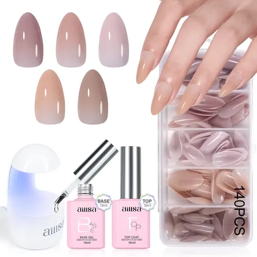 Aillsa Pre-Colored Oval Gelx Manicure Set, 140Pcs 14 Sizes with 5 Natural Colors Acrylic Press-On Nails, UV Light, 2-in-1 Base&Glue, Top Coat, Revolutionary 160° Wide Brush – Beginner-Friendly DIY Gift for Girls