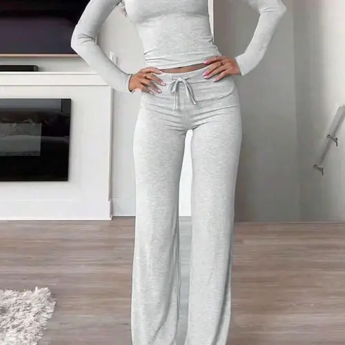 Women's Soft Solid Modal Adjustable Drawstring Homewear Lounge Set, Casual Fit Long Sleeve Round Neck Top & Pants Loungewear Set, Ladies Sleepwear Pajama Set for Spring & Fall, Loungewear Pajamas