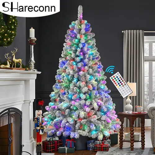 【RGB Lights】SHareconn 4/5/6/7/7.5/8/9/12FT Pre-Lit PE+PVC Flocking Cedar Christmas Tree - Classic Irregular Shape, Eco-Friendly Color Changing Snow Flocking, Deluxe Hinged Design, Remote Control, RGB Mood Lighting, Home Festive Decor