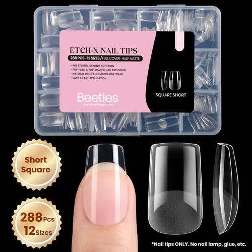 Beetles Pre-Shaped Full-Cover Gel Fake Nails Tips - 3-Minute Easy Apply, Short Square, 12 Sizes 288 Pcs, Home DIY Manicure Supplies, Gift for Women, 3‑Minute Nail Extension