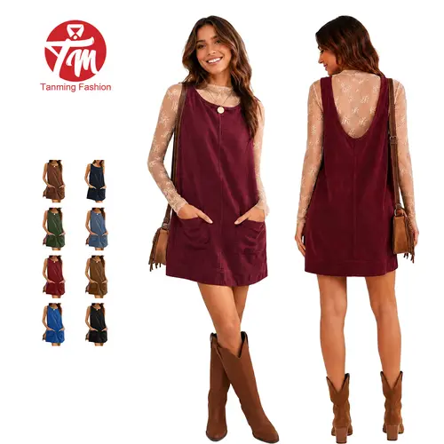 Tanming Womens Fitted U-Back Corduroy Overall Dress, Round Neck A Line Skirtall Jumper Mini Dress Pinafore with Pockets