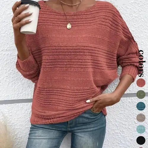 Women's Plain Round Neck Batwing Sleeve Tee, Casual Long Sleeve Crew Neck T-shirt for Fall & Winter, Everyday Fashion Ladies' Knit Clothing for Daily Wear