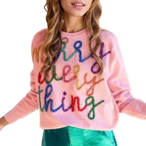 Asvivid 2026 Christmas Gift Holiday Merry Everything Tinsel Graphic Casual Colorful Letter Round Neck Knitted Long Sleeve Sweater Pullover Tops