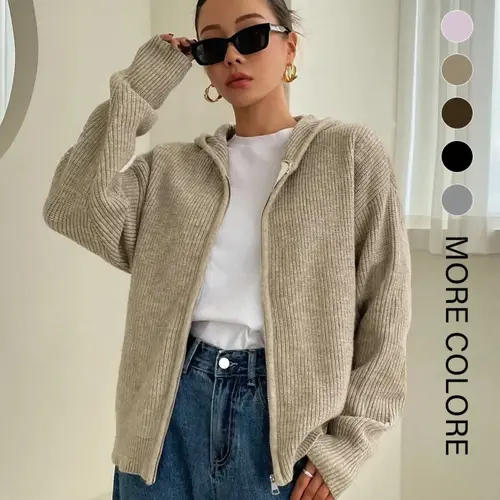 Women's Solid Zip Up Hooded Sweater Cardigan, Casual Drop Shoulder Long Sleeve Cardigan, Women Knitwear for Fall & Winter Daily Wear
