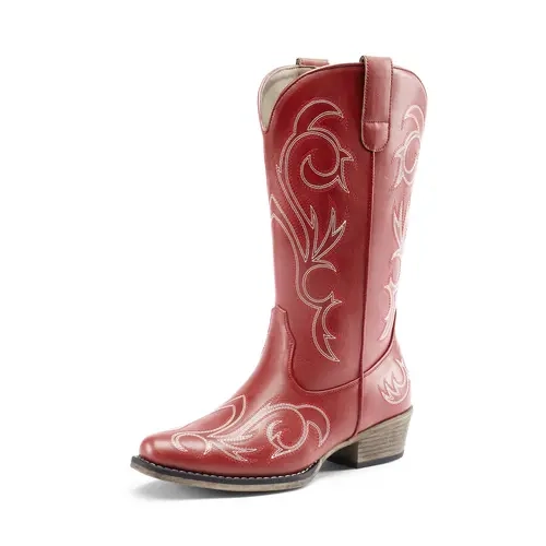 DREAM PAIRS Women's Embroidered Mid-Calf Vegan Leather Cowboy Boots - Square Toe, Chunky Heel, Stitched Western Footwear, TPR Sole, Chic for Parties Dates Festivals, Dress-up Denim, Slip-on Routine Saver, All Seasons