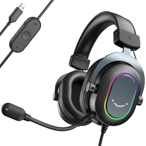 Fifine H6 Wired USB Gamer Headset - Over-Ear Gaming Headset for Gaming, Laptops, PCs, Streaming Headphones with Dynamic Driver, 7.1 Surround Sound, 3 EQ Modes, RGB Lights, Soft Ear Pads
