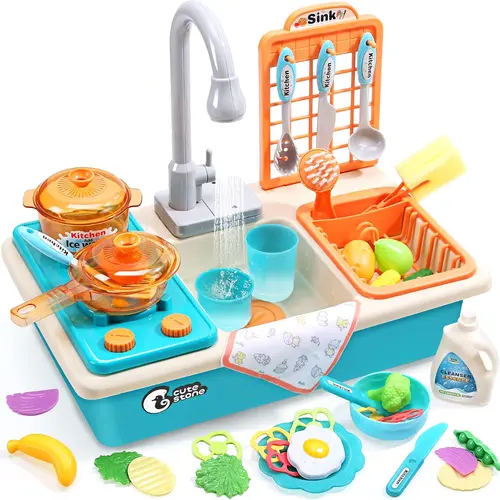Cute Stone Pretend Play Kitchen Sink Toy - Upgraded Electric Running Water Faucet, BPA-Free Child-Sized Food Toys, Play Kitchen Accessories, 1.5 lbs, 12.5x9x4.5 Inches, 15-20 Mins Per Battery Cycle, 6-8 Age Learning Set (Battery-Required), Kitchen Play Se