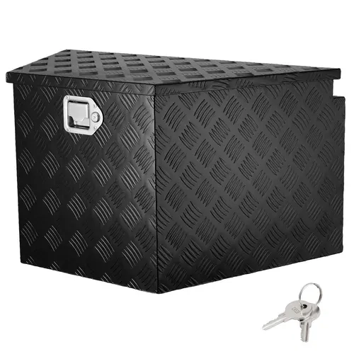 VEVOR 5-Bar Pattern Lightweight Aluminum Alloy Diamond Plate Trailer Tongue Box Tool Organizer, Heavy-Duty Lockable Portable Tool Box with Lock+Keys, Steel Gas Strap, 90° Easy Access Smooth Open, Water Repellent 33x19x18in for Pickup Truck Owners