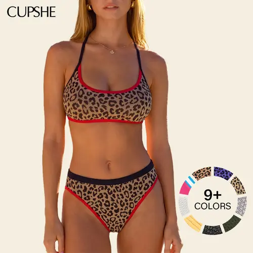 Cupshe Women's Ribbed Bandeau Bikini Set - High Rise Cheeky 2 Piece Swimsuit with Adjustable Straps & Contrast Piping, 2 Piece Sets, Bathing Suit