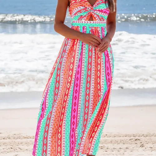 POPVIL Women's Ethnic Tribal Digital Print Knitting & Tatting Fabric Front Knot Cami Maxi Dress - V-Neck, Sleeveless, Casual, Long Length, 1 Piece Women's Clothing, Non Stretch, Cut-Out Detail for Summer Holiday Seaside Use