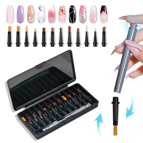 AILLSA 12-Piece Replaceable Tip Nail Art Brush Set - Lightweight, Replace Easily, Multifunctional for DIY Gel, UV, French Nails, Liner, Cuticle Care, Cosmetic Storage, Salon/Manicure at Home Use, Cartoon & Crystal Placement Handle, Ideal Gift for Girls
