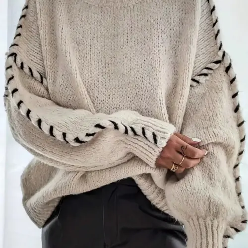 【Black Friday】Women's Contrast Binding Drop Shoulder Knit Sweater, Casual Long Sleeve Round Neck Jumper for Fall & Winter, Fashion Ladies' Knitwear for Daily Wear, Womenswear, Basic Loose-fitting Stretchy Top