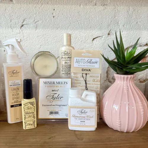 All Things Diva Bundle with Diva 4 oz Laundry Wash,  3.4 oz Tyler Candle, Melt, Autoglam, 8 oz Linen & Room Spray
