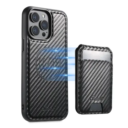 2in1 Durable Carbon Fiber Wireless Phone Case & Detachable Card Wallet Casing, Magnetic PU Leather Cover for iPhone 17 Pro Max/17 Air/17 Pro/16-13 Pro Max, MagSafe Compatible, Credit Card Slots, Flip Kickstand, Button Protection, Mobile Accessories