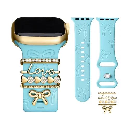 MISSAIR Bow Engraved Silicone Band with DIY Decorative Charms for Women, Soft Personalized Strap Compatible with Apple Watch Series 1–12, SE & Ultra, 38mm–49mm