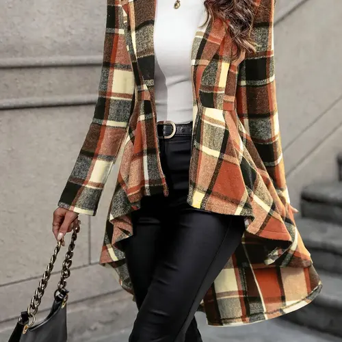 Women's Plaid Print Button High Low Hem Fitted Casual Fashion Jacket Coats, Casual Long Sleeve Lapel Neck Open Front Outerwear for Fall & Winter, Ladies Clothes for Daily Wear, Womenswear Everyday, Tight Fitting Jacket