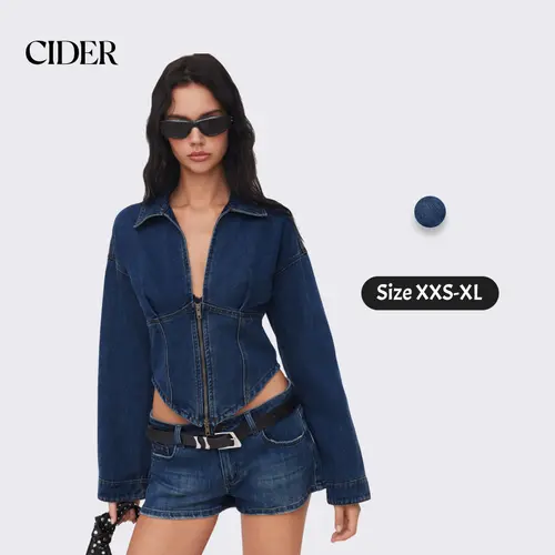 Cider Napoleonic Core Contrast Denim Collar Solid Corset Zipper Jacket – Women's Sexy Y2K Streetwear Night Out Top, Sleeveless Slim Fit Cropped Jean Vest Napoleon