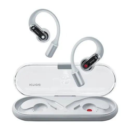 Nothing Custom Transparent Silicone Open-Ear Earbud Headphones with Earhooks, 2-Mic (Dual Mic) Voice Tech, BT 5.3 Audio, Fast Charging, Low-Lag Mode, Pinch Control, iPhone & Android Compatible - White (Included Batteries)