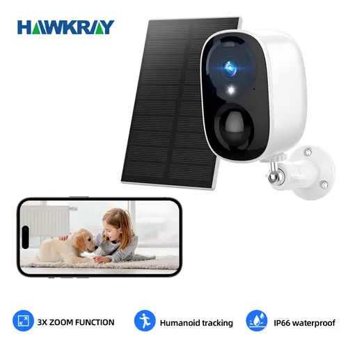 Hawkray Cordless Solar Smart Camera - 2K HD 3MP Sensor Wireless WiFi Security Camera for Home, Indoor/Outdoor White, IR Dual Lights, 2-Way Audio, Night Vision, Remote Monitoring, CCTV System