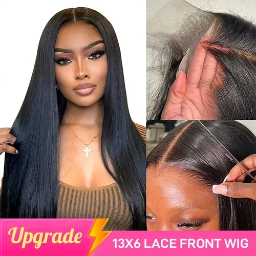 [Limited Stock]Yawawe Hair 13x6 HD Full Lace Frontal Glueless Wig Drawstring Wear Go 7x5  Glueless Wigs Brazilian Straight Pre-Cut Pre-Plucked Human Hair for Women Natural Black with free Sideburns Stickers