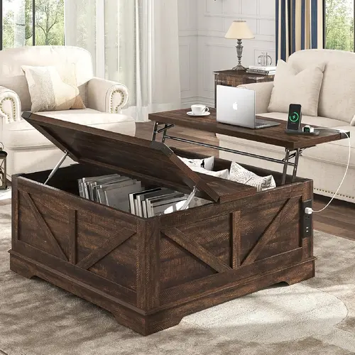 40" Square Farmhouse Lift-Top Coffee Table - 1.2" Thick Natural Grain Top, 2 USB + Type-C Charging Ports, Hidden Storage, Multi-Functional Wood Charging Station Furniture for Living Room Decor & Centerpiece