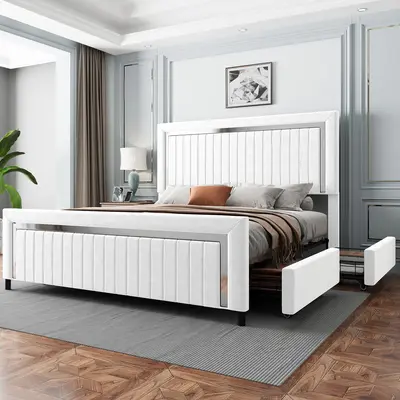 [DealsForYouDays][Summerwins] AMERLIFE Modern Upholstered Platform Bed Frame with 4 Storage Drawers and LED Light, Adjustable Headboard with Vertical Channel, No Box Spring Needed/Christmas Gift/Best Gift Ideas