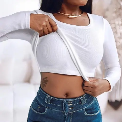 CHICME Women's U-Neck Long Sleeve Basic Casual Shapewear Shirt - Seamless Slim Fit Base Layer with Built-in Seamless Binder