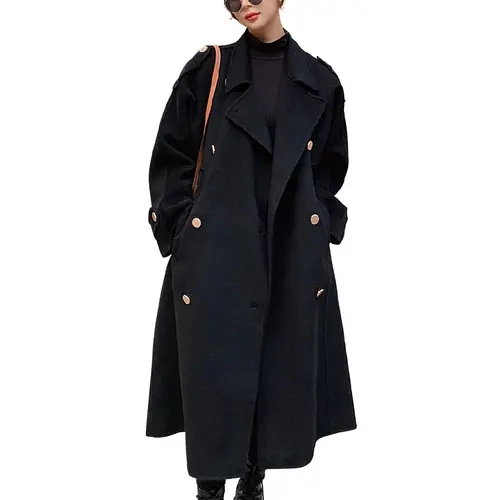 Chouyatou Women's Elegant Long-Sleeve Winter Double-Breasted Midi Wool Pea Coat with Notch Lapel, Tweed Outerwear, Tops, Longsleeves, Heavyweight, Below Knee, Handbag, Button, Chic, Buttoned Cuff, Peacoat, Work