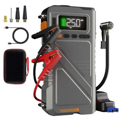 Geeneu 6000A Compact 12V Lithium-Ion Car/Truck Jump Starter with Air Compressor, Fast Charging, 10 Safety Protections, LED Light, Heavy-Duty Jump Clamps, 1.75kg Car Accessory (Supports 30 Starts for All Gas Engines)
