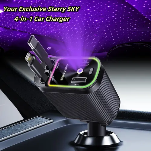 W&O 4-in-1 Retractable Car Charger for Cars - Fast Charging Adapter with Dual USB-C & Lightning Retractable Cables, Dual Charge Ports, Universal Vehicle Charging Accessory, Smartphone Car Charger