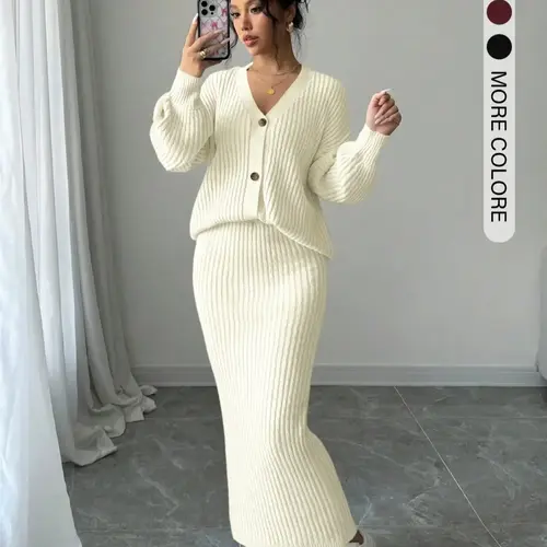 【Black Friday】Women's Solid-Color Two-Piece Knit Set, Button-Front Cardigan Sweater with Drop Shoulders and Long Sleeves, High-Waisted Fitted Maxi Skirt, Casual Fall and Winter Outfit for Everyday Wear, Womenswear