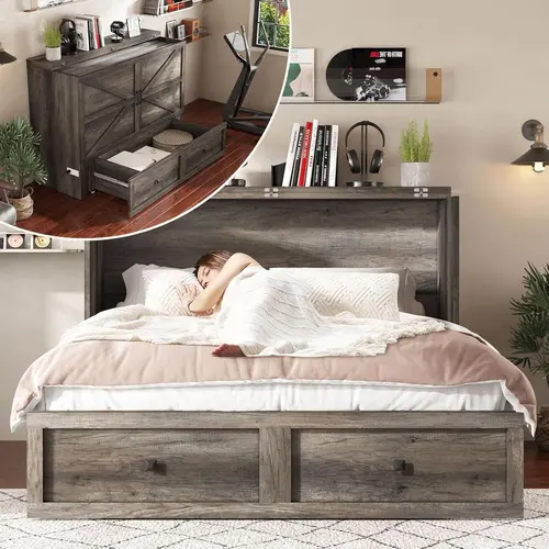 【Ships in 2 Boxes】AMERLIFE Murphy Bed with Storage & Charging Station, Farmhouse Murphy Cabinet with Foldable Panel, Noisy Free, for Guest Bedroom, Living Room, Office #TikTokShopFallDealsForYou