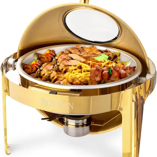 ROVSUN 6 QT Round NSF Stainless Steel Chafing Dish Buffet Set - Thick Frame Roll Top Buffet Warmer with Visible Window to See Food Through, 90° Quick Serve, Thick Frame Stands Up to Busy Events, Ideal for Weddings & Dinners, Gold