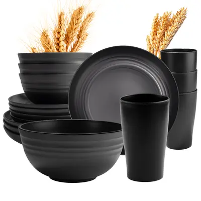 Sebastian CADIA Black 16-Piece Wheat Straw Tableware Set - 8 Plates & 8 Bowls, Lightweight Cutlery, Unbreakable, BPA-Free, Dishwasher & Microwave Safe, Kitchen Supplies, Camping Dinnerware