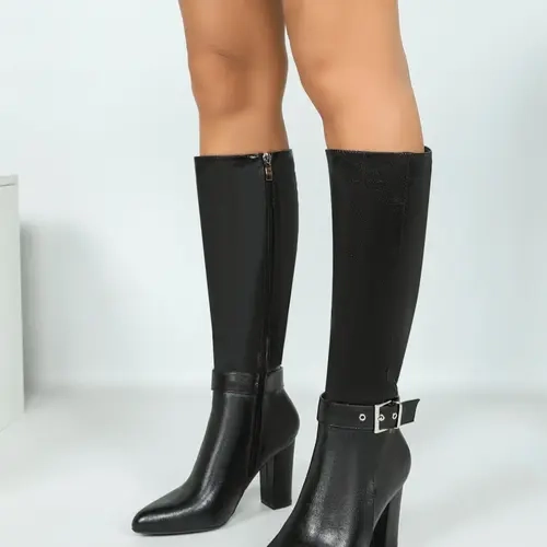 Women's Side Zip Chunky Heel over Knee Boots, Vintage Fashion Fall Winter Pointed Toe Shoes, Silver Color Buckle Design, Elegant Boots, Heeled Knee Boots, Pointy Toe Boots