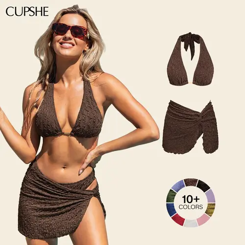 Cupshe Women's 3-Piece Plunging Bikini Set, Textured Shapewear Swimsuit with Sarong Skirt, Bush Bikini Summer Fashion,High Cut Cheeky Bathing Suit