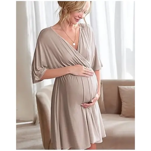 Ekouaer Women's 3-in-1 V-Neck Short Sleeve Rayon Maternity Gown - Skin-Friendly, Super Stretchy, Belly Care, Waist Expansion, Breast Access, Work-Ready, S-XXL, Pregnancy Clothing for Labor/Delivery, Breastfeeding