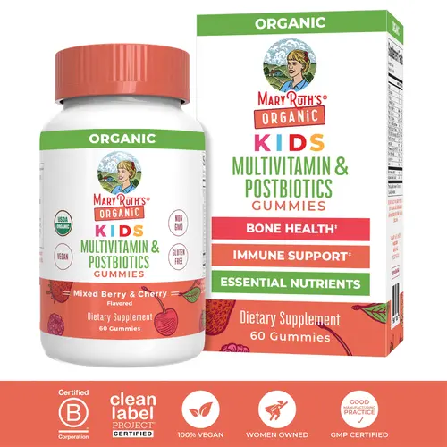 MaryRuth's USDA Organic Kids Multivitamin & Postbiotics Gummies - Multivitamin for Kids with Lactobacillus Rhamnosus - Vegan - Non-GMO - 60 Count