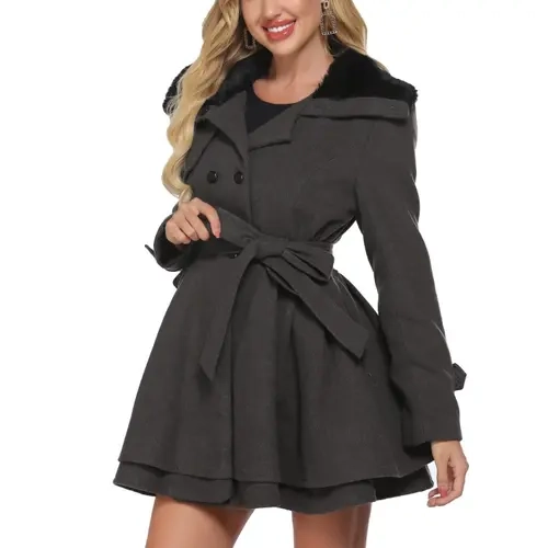ZEAGOO Women's Elegant Soft Faux Fur Lapel Double-Breasted Thick Wool Long Sleeve Lady Trench Coat Top - Basic, Casual, Outdoor Winter Warm Fitted Jacket with Adjustable Button Front, Cuffs & Back Buttons (S-2XL)