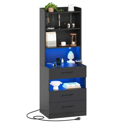 Sikaic Tall Nightstand with Charging Station and LED Lights, Bedside Table with 3 Drawers, Storage Shelves and Bookshelf, Modern End Table for Bedroom, Home Furniture Christmas Gifts cozy home familyfun [TikTokShopblackfriday]