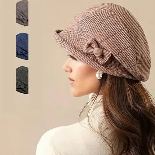 Women's Elegant Plaid Pattern Bow Decor Beret, Casual Trendy Hat, Stylish Hat for Fall & Winter, Fashion Accessories for Women & Girls