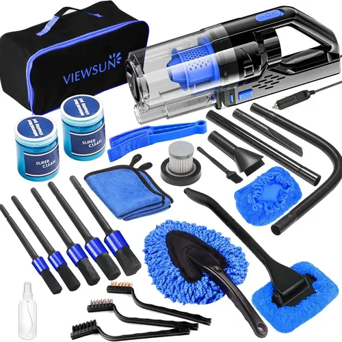 Viewsun Complete Car Detailing & Cleaning Kit - High-Power Handheld Vacuum, 180° Window Sweep, 3-style Wire Brush, 5 Brushes for Tight Spots, 8000pa Hair Pickup, Cleaning Gel - Car Detailing Products for Men - Ideal Birthday, Graduation Gifts