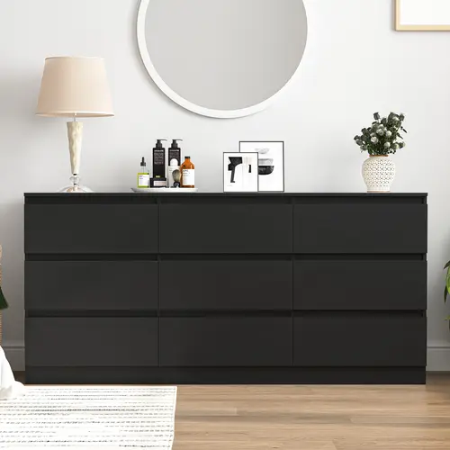 Spaco Modern 9-Drawer Wide Black Wood Dresser - Silent-Open Hidden Storage Cabinet with Wide Base, Modern Dressers for Bedroom Home Decor & Small Room Organization Products, Indoor Furniture Cupboard