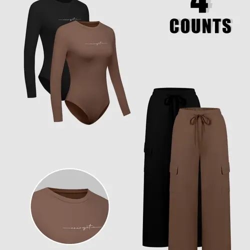 Round Neck Letter Print Long Sleeve Romper Set, Drawstring Multi-Pocket Work Pants, Casual Fall Winter