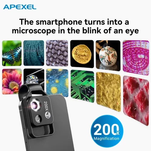 APEXEL 200x HD Portable Rechargeable CPL Microscope Lens with LED Lights - Universal Clip-On Smartphone Accessory, Easy Installation, 99% iPhone/Android Compatible for Gardeners, Animal & Plant Close-Ups, Industrial Inspection