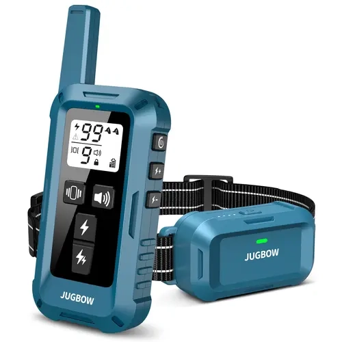 Jugbow Rechargeable Dog Training Collar - 4200FT Remote, 4 Training Modes, Security Lock, IPX8 Waterproof, 7.8-24.4in Soft Nylon Strap, 10-120lbs Fit, Metal Prongs, Teach Orderliness, Rechargeable Collars, Indoor Use, All Breeds, Blue-DT68